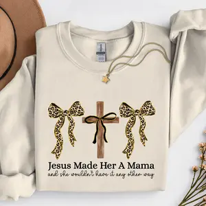 Coquette Jesus Made Her A Mama Sweatshirt T-Shirt, Women's Religious Sweatshirt, Leopard Bow Mama Shirt, Faith Apparel, Christian Mama Gift, Mother's Day Gift