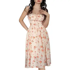 Scarlet Darkness Floral Printed Corset Dress Ruched Bust Cami Dress Flowy Sundress Floral Print Contrast Binding Corset Dress