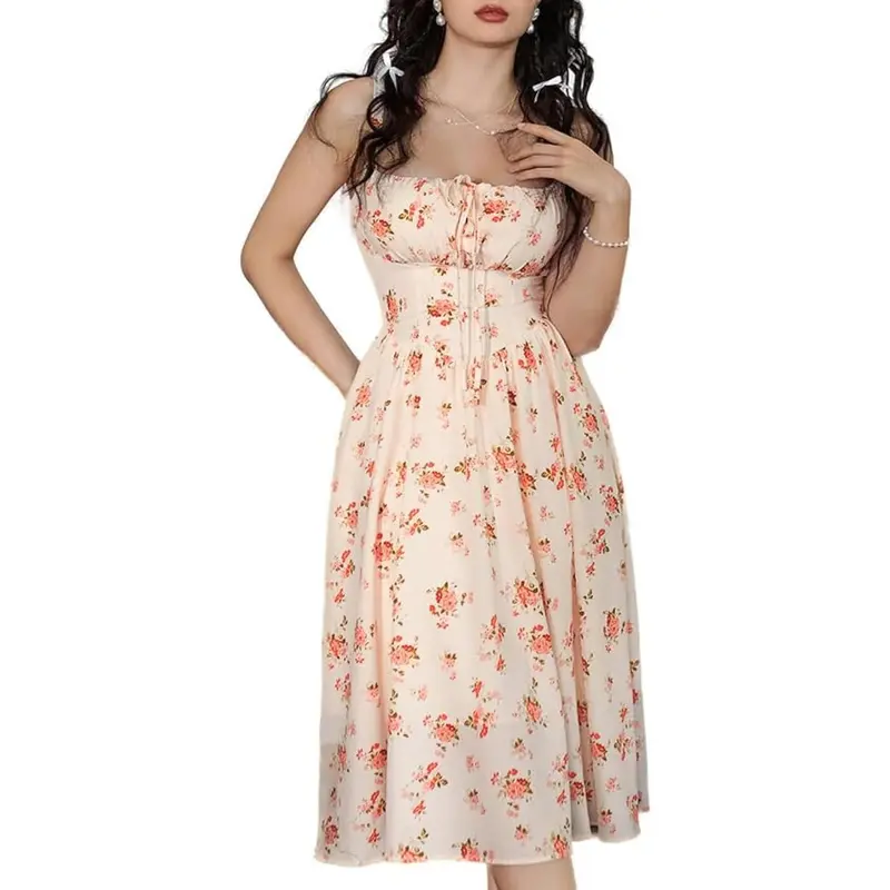 Scarlet Darkness Floral Printed Corset Dress Ruched Bust Cami Dress Flowy Sundress Floral Print Contrast Binding Corset Dress