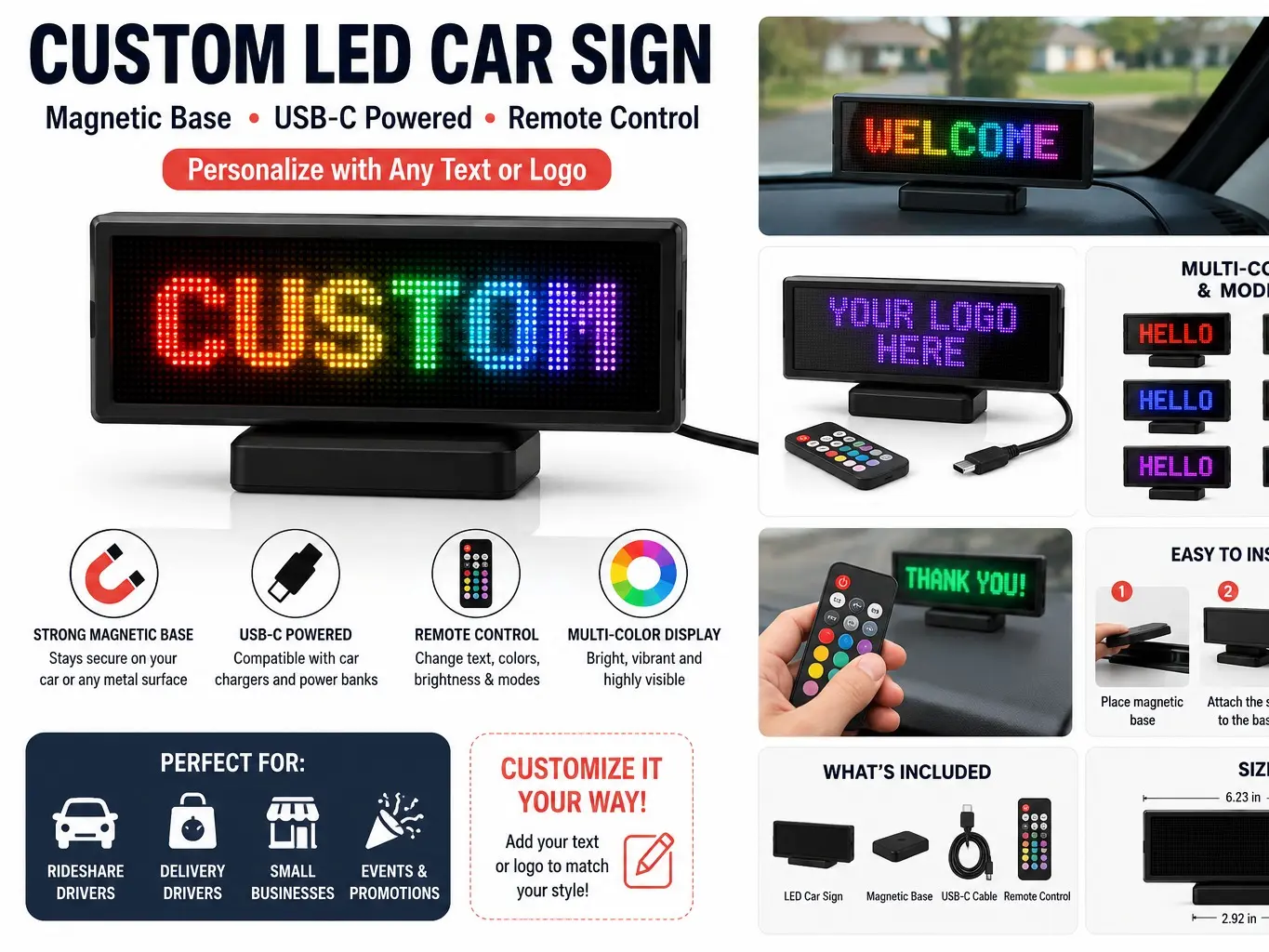 LED Rideshare Car Sign with Magnetic Base, USB-C Powered, Remote Control, Multi-Color