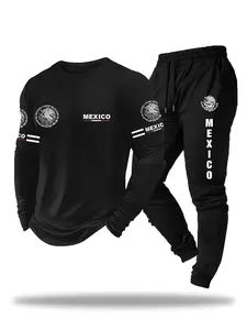 Men's 2-Piece Set Long Sleeve Tee and Sweatpants, Flag Pattern Print, Comfortable Casual Wear, Spring & Fall Fashion, Menswear