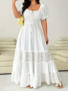 Women's Spring Summer Fashion Chic Feminine Plus Size Lace Patchwork Casual Elegant Dress, Loose-Fitting Short Sleeve Midi Dress, Tiered Layer Design