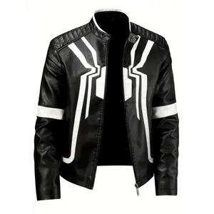 Men'S Color-Blocked Spider Pattern Stylish Faux PU Jacket with Multiple Pockets, Featuring a Trendy Street Style Classic Pilot Motorcycle Design.
