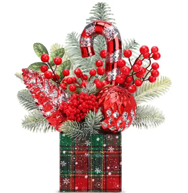 Mini Christmas Tree with Pine Cone and Berry, Bottle Brush Style for Indoor Decorations, Square Base