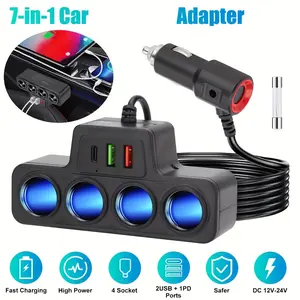 Universal Car Charger Adapter 7-in-1 Safer Car Cigarette Lighter Socket Splitter with 4 Lighters USB+QC3.0+PD3.1A Fast Charging Interface Car Power Adapter Compatible with 12V/24V Car Cigarette Lighter Plug