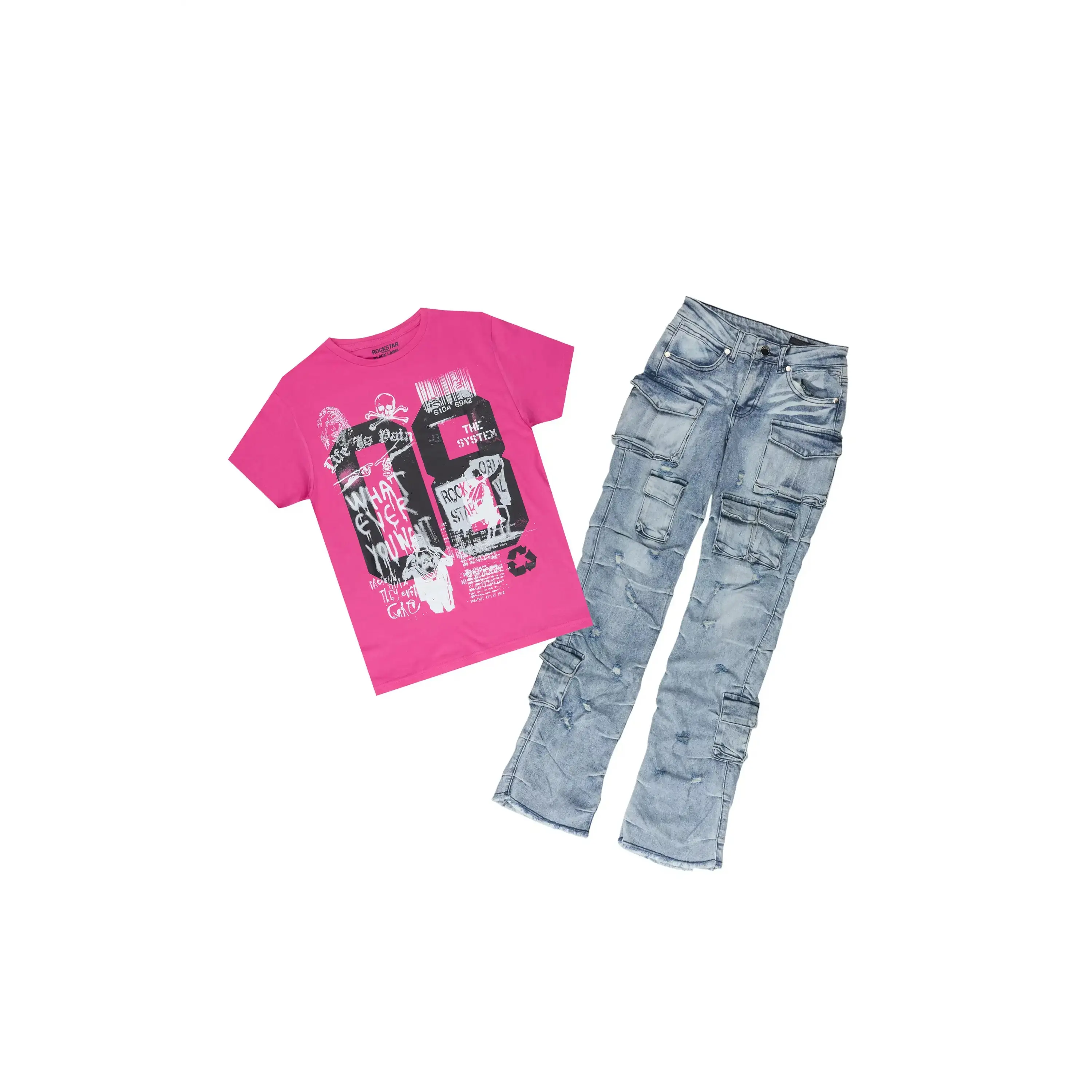 Girls Mabel Fuchsia/Blue T-Shirt Stacked Jean Set