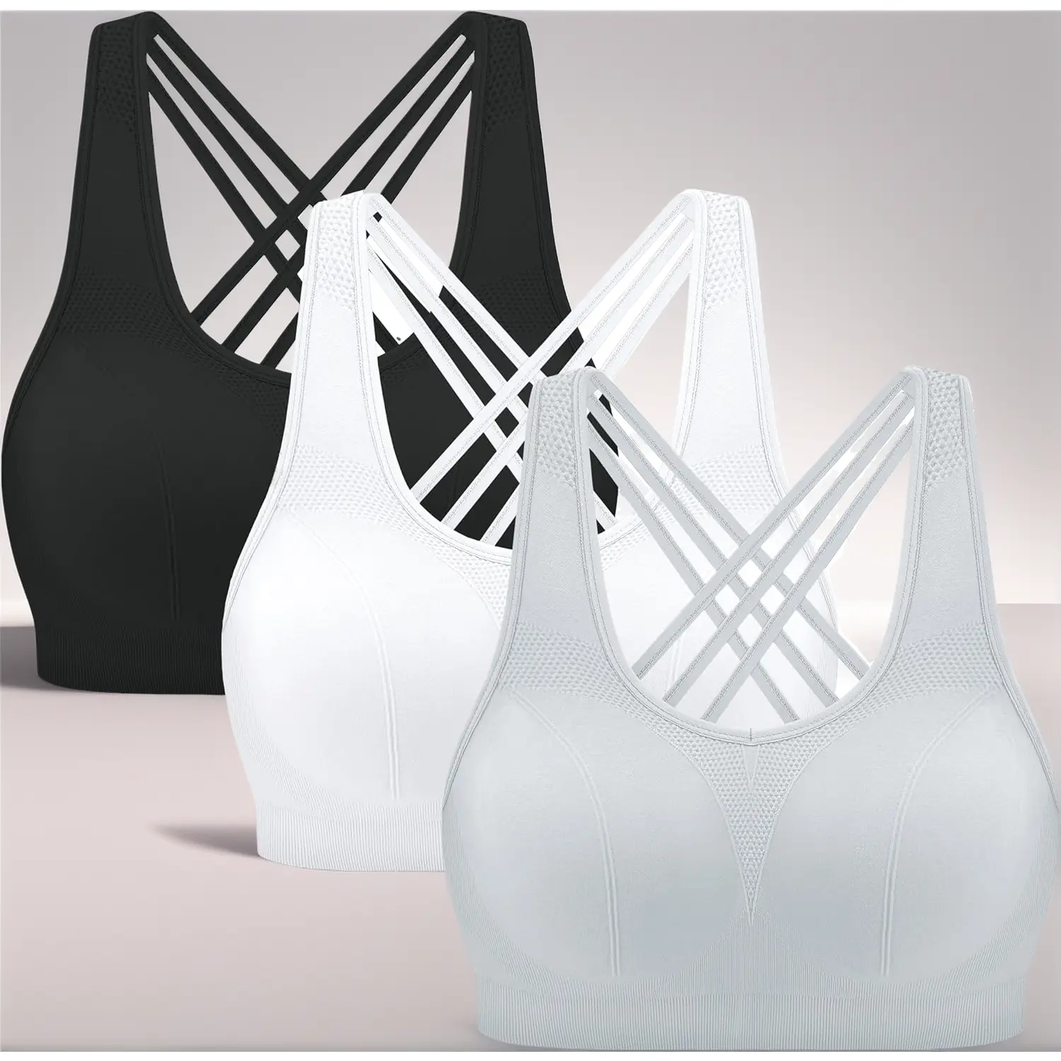 Women's 3-Pack Seamless Sports Bras - Cross-Back Strappy Design, Removable Pads, Medium Support for Yoga, Gym, Everyday Wear, Bra for Women, Sports Bra