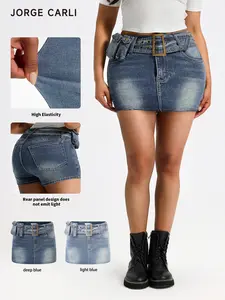 JORGE CARLI  Women's Denim Shorts with Detachable Wide Belt, Vintage Street Style, Elastic Fabric, Classic Fashion, Comfortable Fit