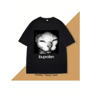 Funny Ibuprofen Cat Meme Graphic Tee For Men Casual Summer Streetwear Humorous Cotton Shirt