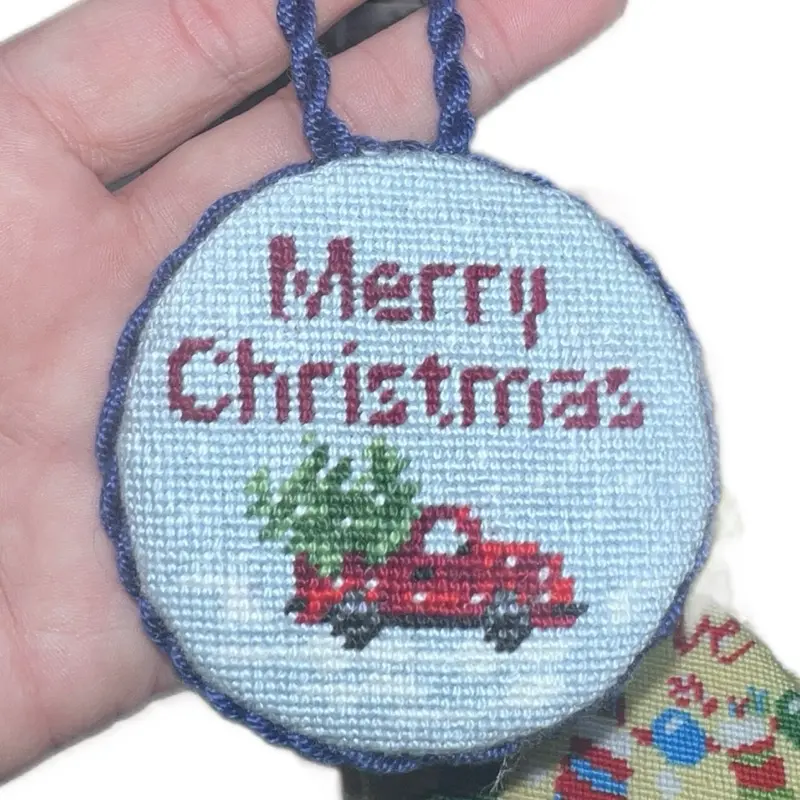 Handmade 4” Merry Christmas Needlepoint Ornament with Red Truck Design and "Merry Christmas" Text