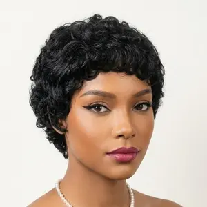 Short loose curly wig with African-style or wave-like curls. No adhesive required. Made by machine, this wig is perfect for everyday wear or parties. It creates a voluminous, layered look. The wig is elastic and very comfortable to wear.