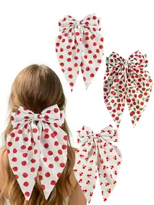3pcs Fabric Strawberry Cherry Print Bow Clip Set, Flower Hair Clips, Spring Summer Hair Accessories for Everyday and Beach Vacations
