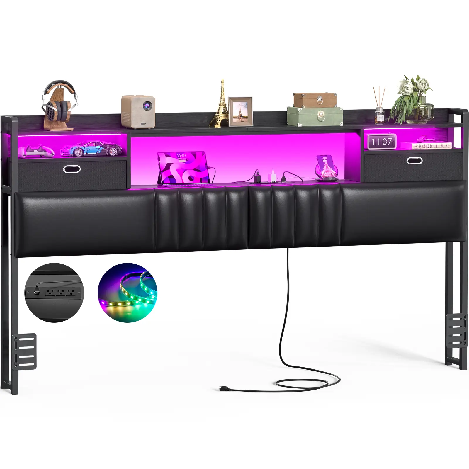 Homieasy King Size Headboard with Drawer Storage and Light, Upholstered Headboard Only with Power Outlet and Bookcase, for Bedroom, Dorm Room, Black