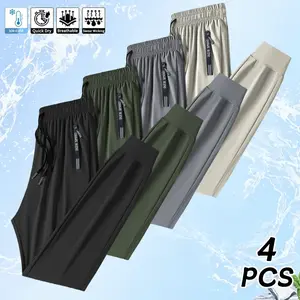 Men’s 4-Pack Summer Ice Silk Jogger Pants, Quick-Dry Breathable Comfortable Sports Fitness Long Pants, Casual Running Long Pants, Sports Long Pants, Elastic Loose Fit Straight-Leg Breathable Jogger Pants