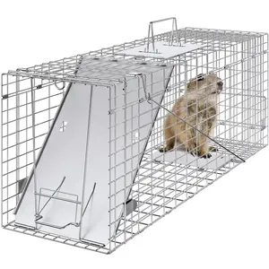 VEVOR Live Animal Cage Trap, 31" x 10" x 12" Humane Cat Trap Galvanized Iron, Folding Animal Trap with Handle for Rabbits, Stray Cats, Squirrels, Raccoons, Groundhogs and Opossums