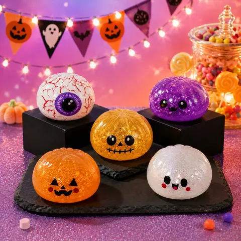 Halloween Slow-Rebound Stress Relief Squishy Toys - 8.5cm Mini Halloween Squishies Set with Eyeball, Ghost, Purple Ghost, Gold Skull, Pumpkin, Grimace Pumpkin, Little Devil + Steamer Storage Boxes, Party Gifts