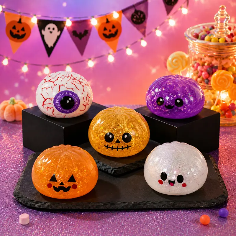 Halloween Slow-Rebound Stress Relief Squishy Toys - 8.5cm Mini Halloween Squishies Set with Eyeball, Ghost, Purple Ghost, Gold Skull, Pumpkin, Grimace Pumpkin, Little Devil + Steamer Storage Boxes, Party Gifts