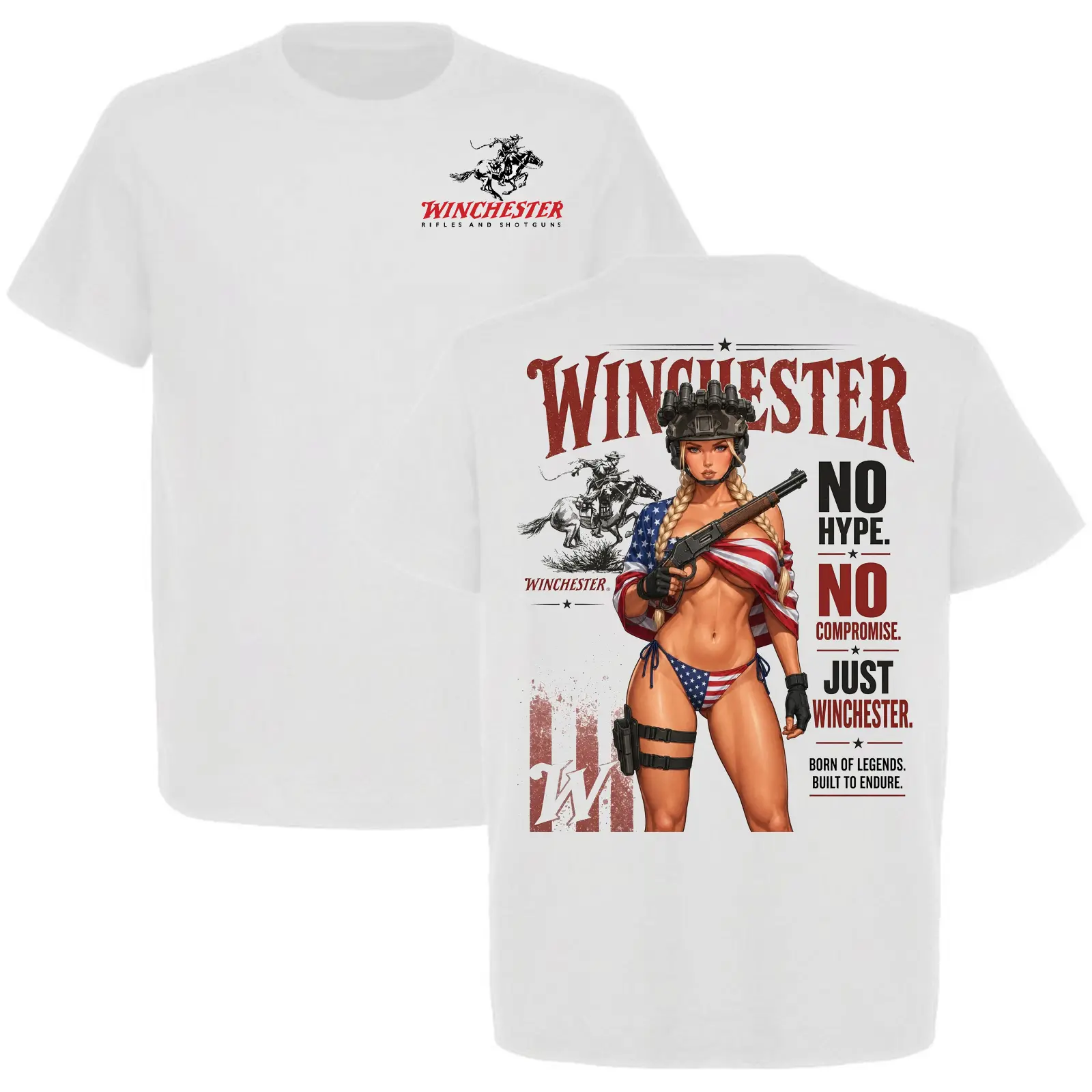 Winchester Rifles and Shotguns No Hype No Compromise Men’s Patriotic Graphic T-Shirt, American Flag Western 2A Gun Lover Tee
