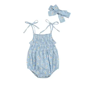 Baby Girls Daisy Playsuits Bodysuit+Headband Print Halter Romper Floral Jumpsuit Infant Onesie Summer Clothes