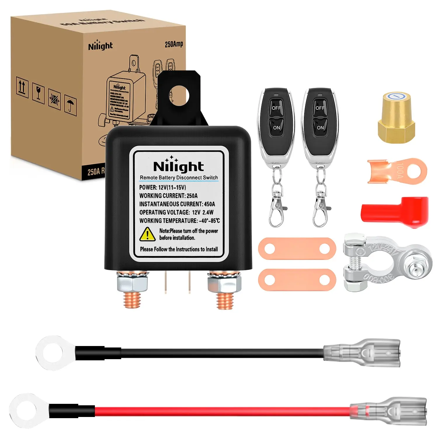 Nilight 12V 250A Automotive Remote Battery Disconnect Switch, Anti-Theft Kill Switch with Wireless Remote Control Relay Fobs, Power Drain Preventer for Truck RV, Includes 1 Metal Clamp, 1 Red Insulating Sleeve
