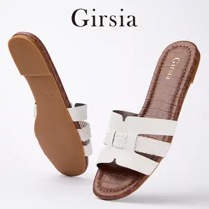 Girsia Women's Dressy Flat Sandals with Arch Support Insole, Soft Microfiber Leather Slip On Summer Sandals for Beach, Vacation, Travel & Daily Wear, Croc Embossed Waterproof Sole, Easy Clean