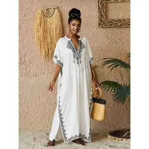 Arabic Clothing – Arabian Dress with Contrast Binding and Side Slit, Modest Casual Embroidered Kaftan with Batwing Sleeves, Summer Kaftan, Summer Maxi Clothes