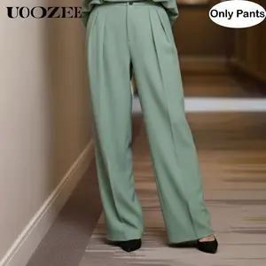 UOOZEE Women's Autumn Casual Green High-Waist Elastic-Back Loose Straight Pants - Smooth, Graphic, Chunky, Metallic Pairable with Shirts, Tees, Silk/Linen Pieces & Earrings for Office Days & Brunch Outings