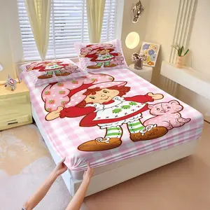 Pink White Gingham Cute Strawberry Girl Pink Cat Cartoon Print Bed Sheet Set, 1 Fitted Sheet + 2 Pillowcases - 3 Piece, Soft Microfiber Fabric, Deep Pocket, Sweet Girly Bedroom Decoration, Gift for Girls Women Strawberry Shortcake Fans