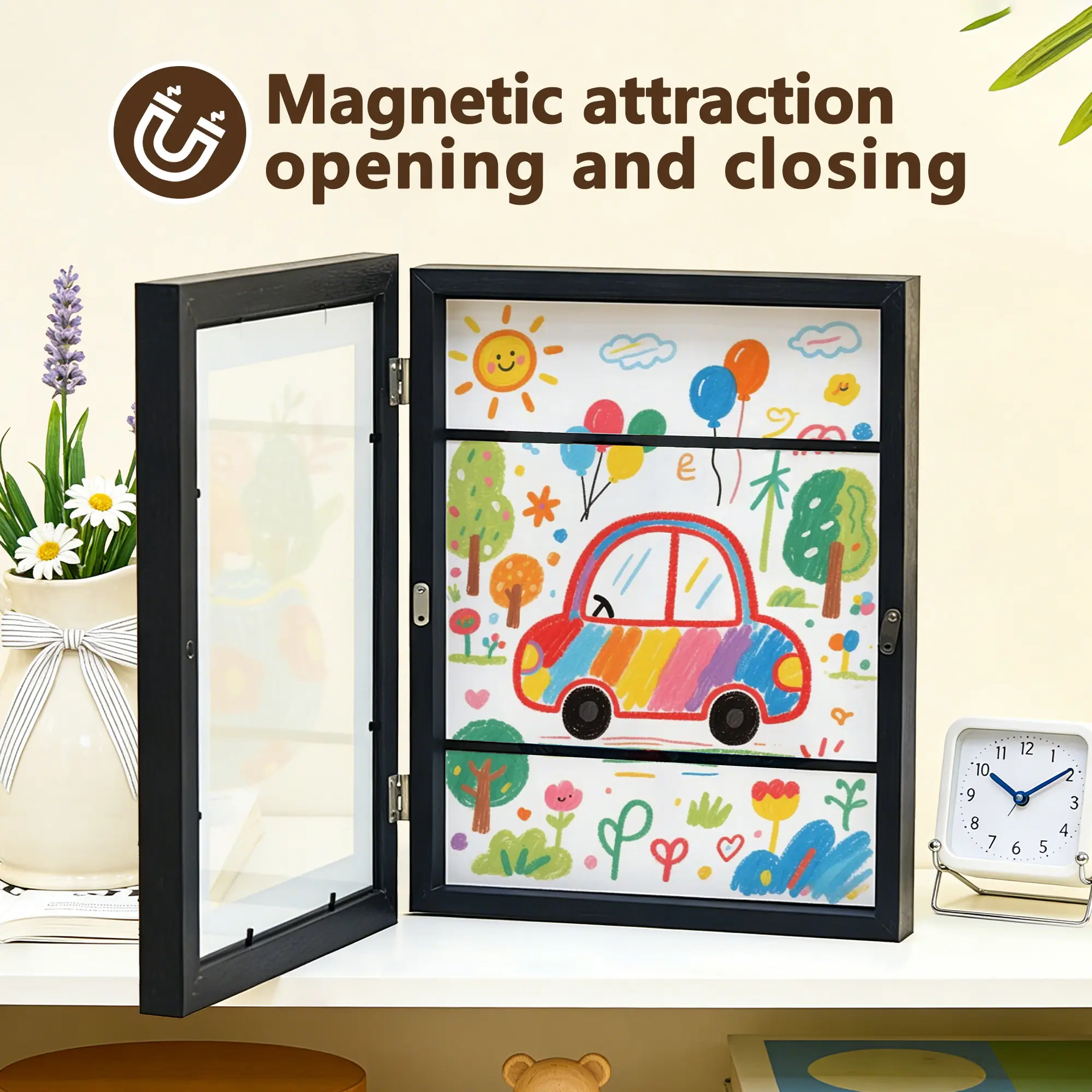 【Magnetic Kids Art Frame】 – Front-Opening Design for 8.5"x11" Pictures, Holds 50 Pieces, Perfect for 3D Art, Crafts, Wall Hanging, Portfolios, and Home Decor