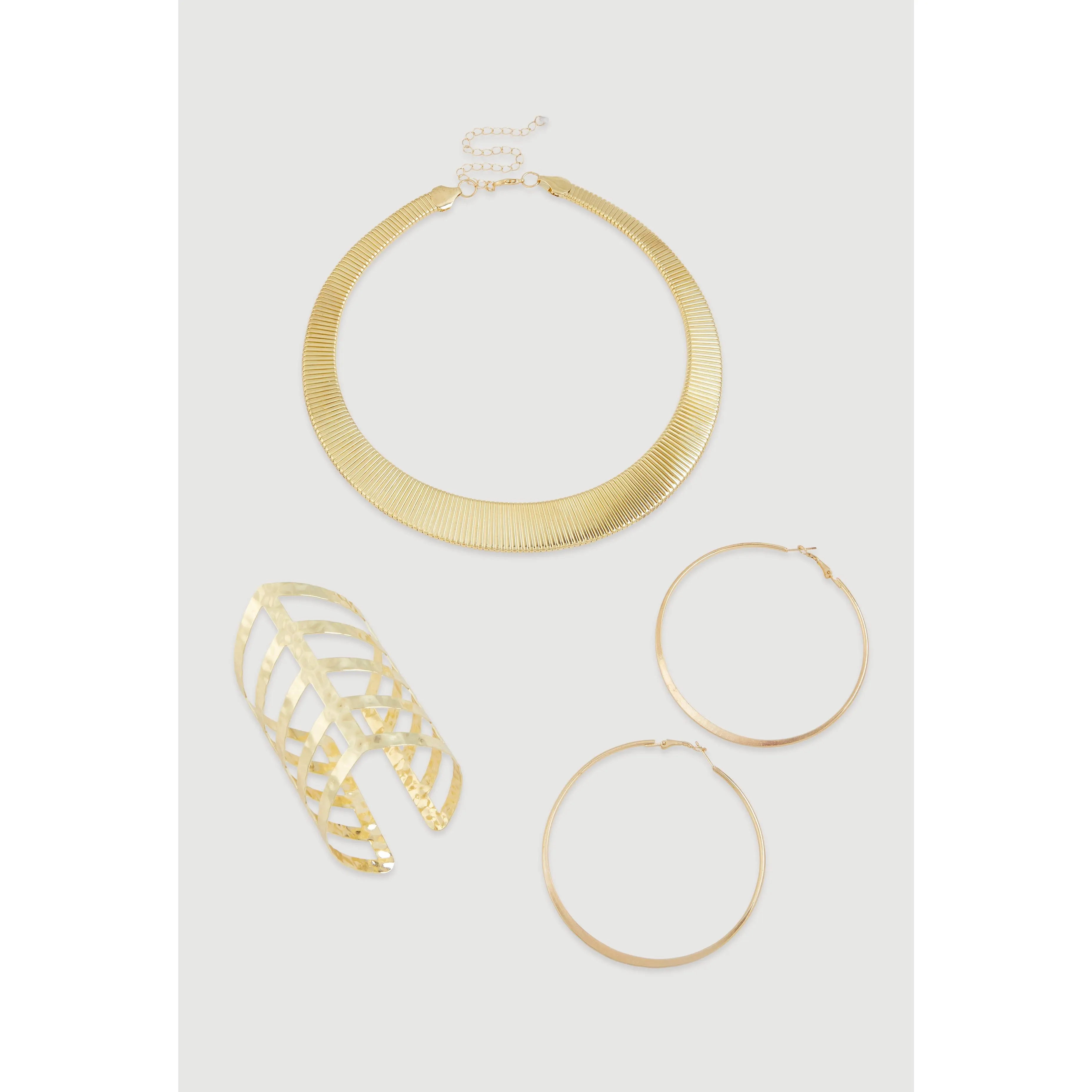 Trendy Metallic Hoop Earrings and Chocker with Cuff Bracelet 3-Piece Set