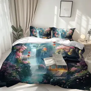 Peaceful Garden Bedding Set, Includes 1 Fitted Sheet and 2 Pillowcases, Waterfall Design, Traditional Chinese Pavilion, Sakura and Lanterns