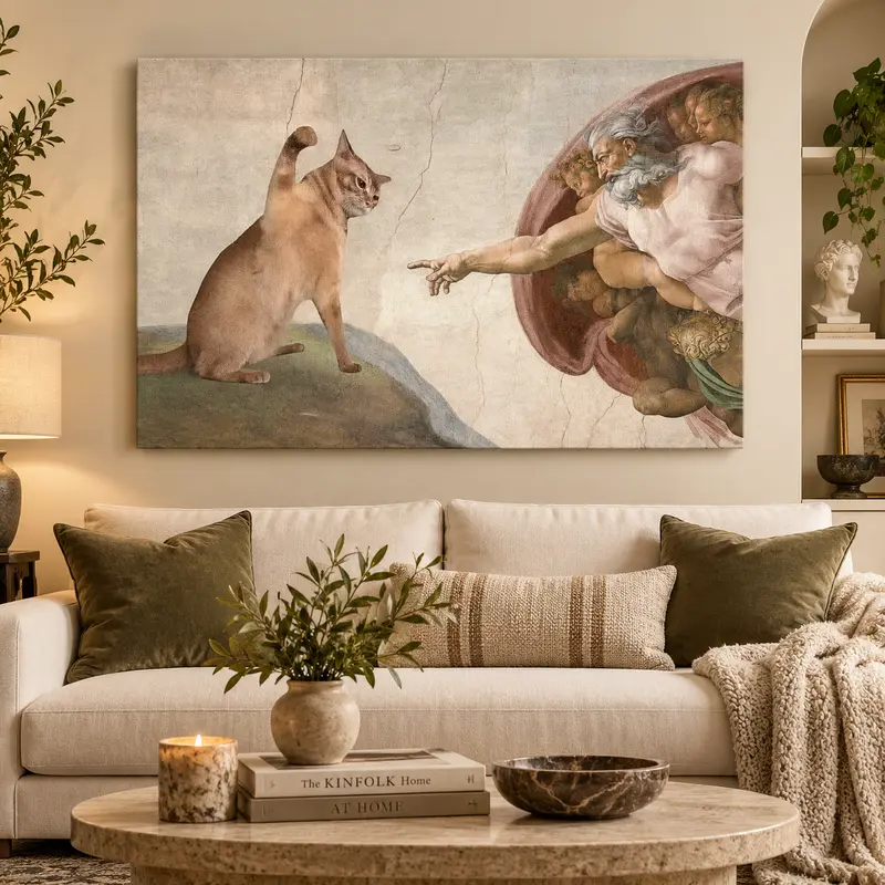Michelangelo-Inspired Funny Cat Canvas Wall Art - Whimsical Aesthetic Animal Print Home Decor, Trendy Posters for Living Room & Bedroom, Cool Room Decor, Home Inspo by Sohochic