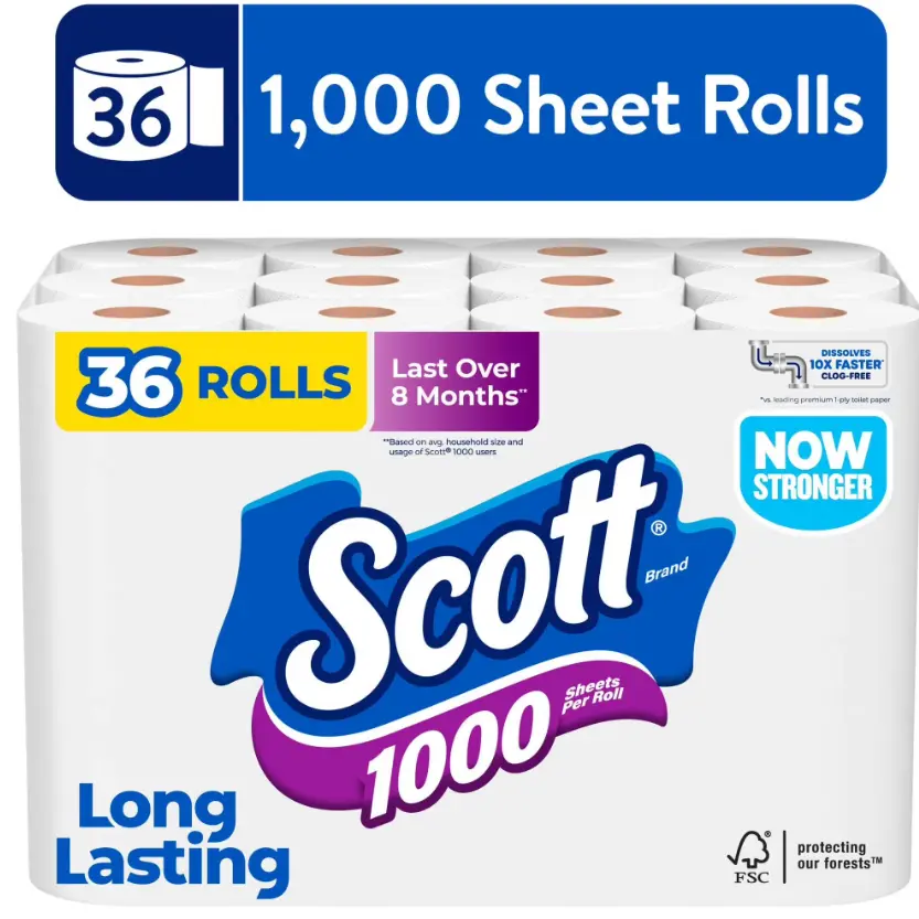 Scott 1000 Toilet Paper, 36 Rolls, 1000 Sheets Per Roll