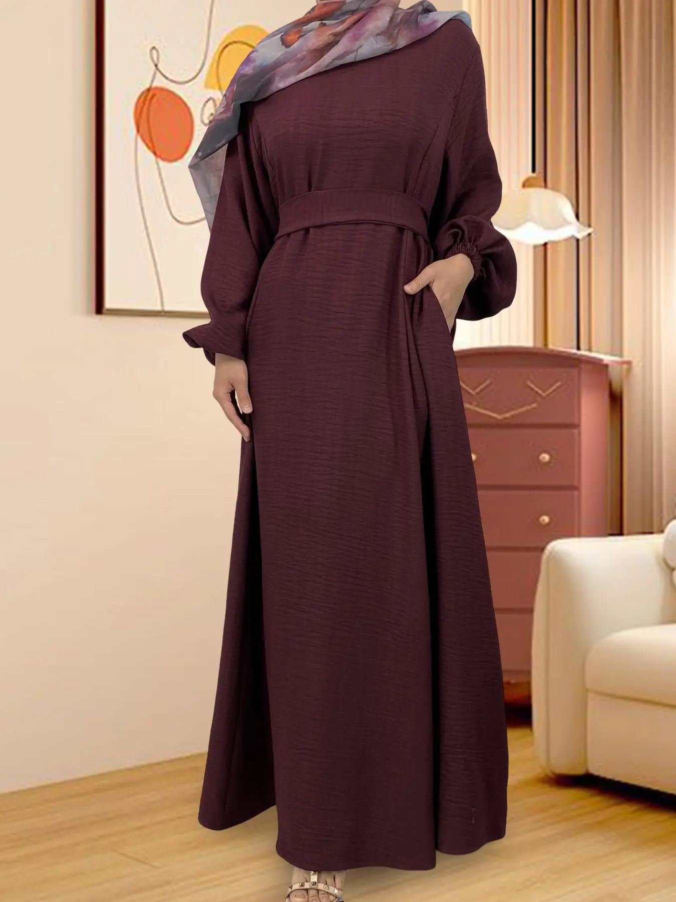 Women's Solid Color Pocket Design Belted Lounge Tunic Dress, Casual Long Sleeve Round Neck Dress for Daily Wear, Modest Style Dress, Ladies Sleepwear for All Seasons, Modest Muslim Outfits, Islamic Modesty Clothes, Modesty Muslim Clothing