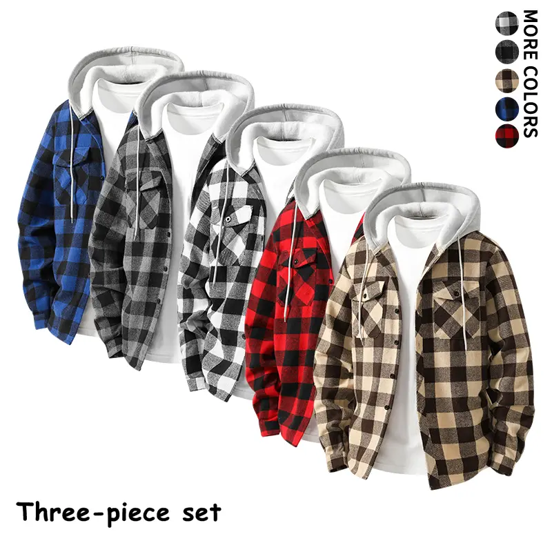 Men's 3-Piece Hooded Plaid Flannel Shirt Jacket Set - Long Sleeve Button-Front Stretch Fabric Tops, Men's Clothing for Casual Outing, Daily Outdoor Street Wear#SohoChic, Long Sleeve Tops