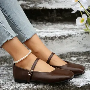 Vintage Style Shoes for Women Square Toe Buckle Strap Leather Flats Springfresh