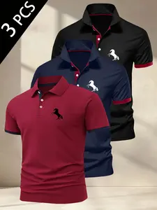 Men's Casual Athleisure Short Sleeve Shirt Set, British Style Golf Clothing, Outdoor Sports Polo Shirts, Fitted Geometric Pattern, 3pcs