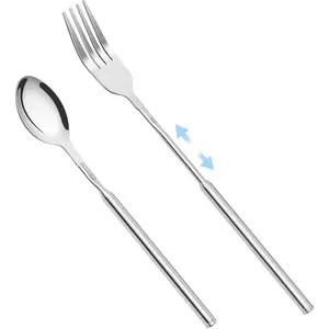 2 count Extendable Fork Spoon Set, Telescopic Stainless Steel Fork Spoon, Extendable 25.3 In, Dinner Forks for BBQ Dinner Fruit Dessert, Camping Flatware