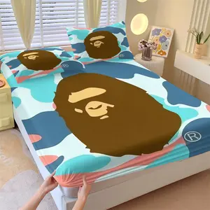 BAPE Macaron Camouflage Ape Head Fitted Sheet Set, 1 Fitted Sheet and 2 Pillowcases, Macaron Camo and Ape Head Image, Soft Non-Slip Wrinkle-Resistant Bedding Bed Sheets Set for Fresh Trendy Bedroom Decor, Gift for Fans Bedsheet Sets