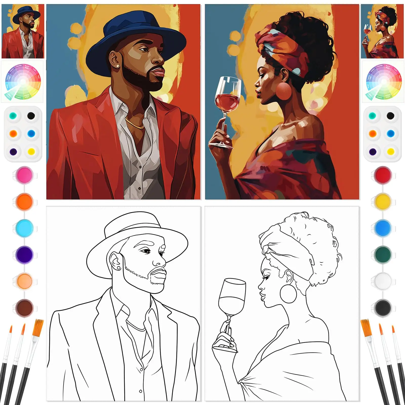 Couple Painting Kit Pre Drawn Canvas Kit Include Canvas Easels Brushes Acrylic Colors Strips Palettes Paint Party Gift Set, Weding Party Supplies, Val