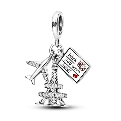 MULA Silver Plated Paris Travel Charm with Eiffel Tower, Airplane & Wish You Were Here Postcard, CZ Dangle Bead, Fits Most Bracelets & Necklaces, Gift for Her, Birthday, Vacation, DIY Jewelry