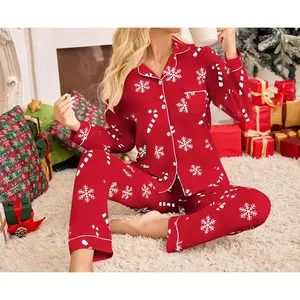 Holiday Pajamas Women's Red Snowflake Print Lapel Cardigan Long-Sleeved Trousers Loungewear Suit Nightwear Womenswear