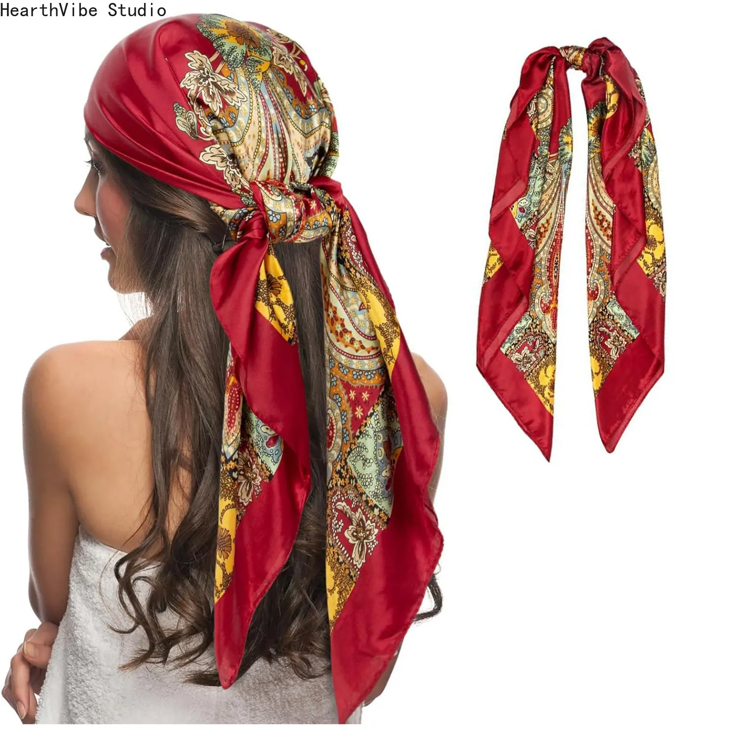 Women's Korean-Style Polyester Small Square Scarf Head Wrap - Chain Black and Yellow Lightweight Professional Shawl, Sports & Outdoor Headband Bandana Accessory for Adults, Spring/Auto/Winter Casual Wear, Unisex, All Seasons, Outdoor Wear, Daily, Universa