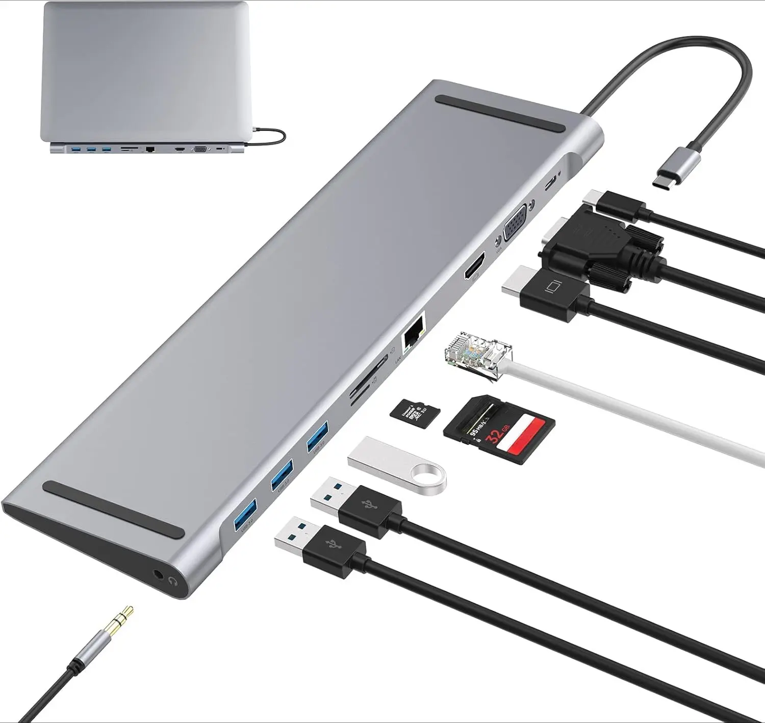 USB C Docking Station for Laptop, USB C Hub 10 in 1 USB C Adapter Docking Station with 4K HDMI & VGA, 3 x USB 3.0, Gigabit Ethernet RJ45 LAN, USB C PD, SD/TF Card Reader, 3.5mm Audio/Mic