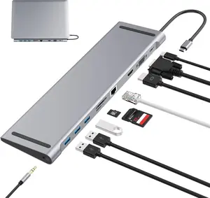 USB C Docking Station for Laptop, USB C Hub 10 in 1 USB C Adapter Docking Station with 4K HDMI & VGA, 3 x USB 3.0, Gigabit Ethernet RJ45 LAN, USB C PD, SD/TF Card Reader, 3.5mm Audio/Mic