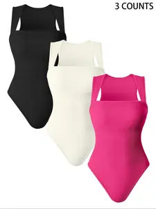 Women's Solid Ribbed Sports Bodysuit, Casual Sporty Sleeveless Bodysuit for Daily Outdoor Wear, Women Sport & Outdoor Clothing for All Seasons, Tops