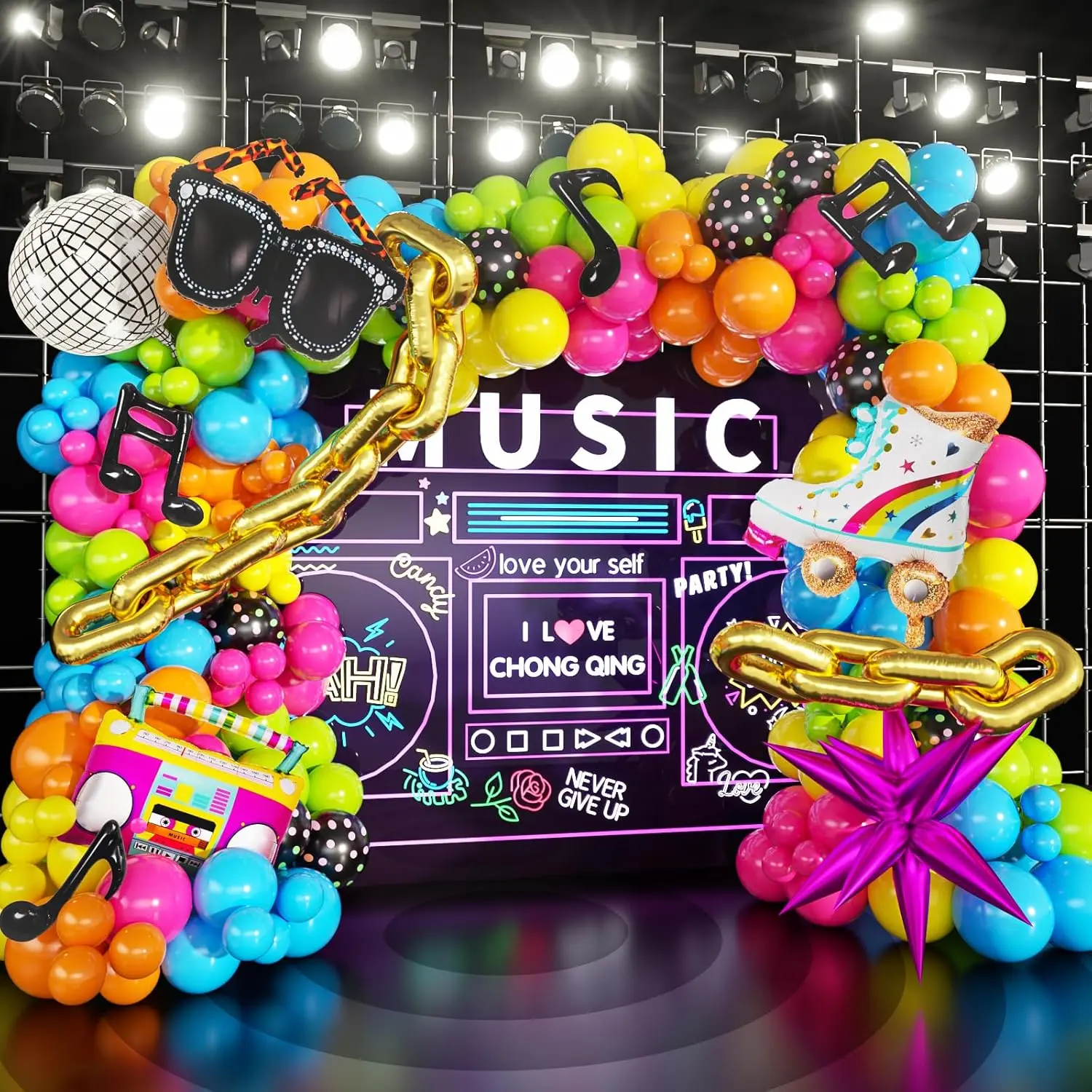 90s 80s Disco Theme Party Decorations, 171 count Balloon Arch Kit with Retro Disco Ball Radio Glasses Roller Skate Musical Note Chain  Foil Balloons for  to 90s 80s  Hop Birthday Supplies