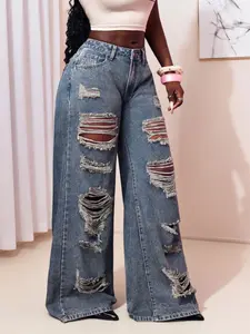 Women's Plus Size Vintage Ripped Jeans, Spring & Fall Streetwear Casual Fitted Straight Leg Pants, Long Regular Denim Trousers