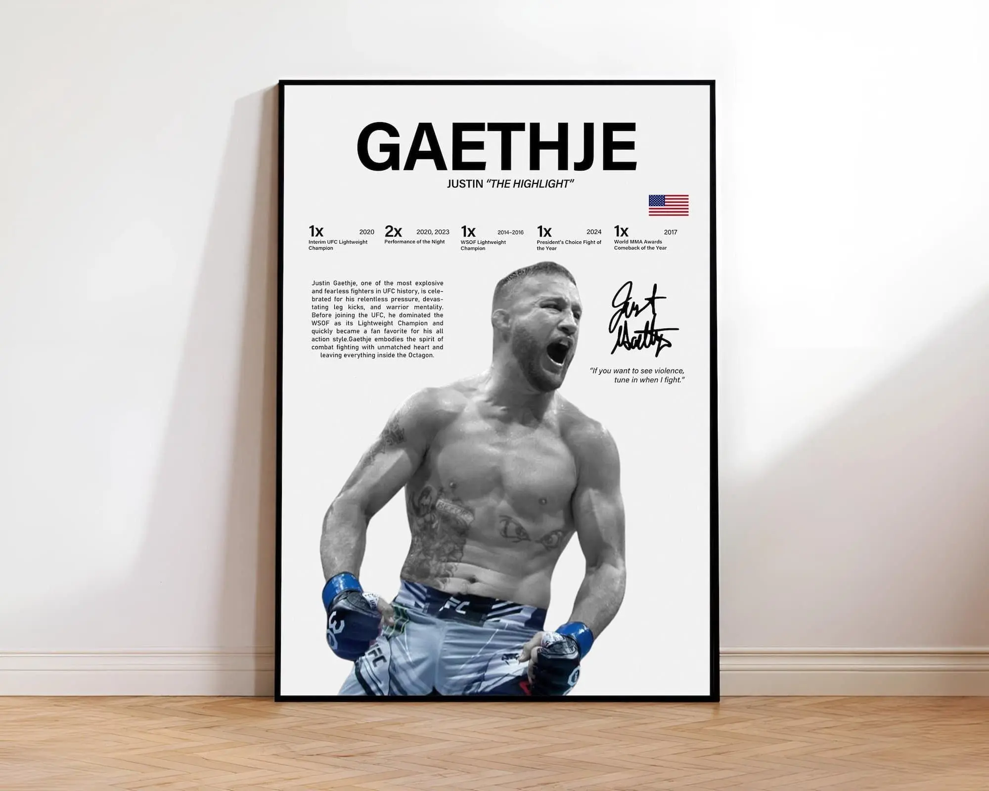 Justin Gaethje Poster UFC Wall Art MMA Print Sports Room Decor Fight Fan Gift ( Unframed - Print Only )