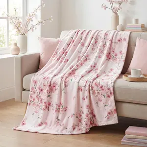 Spring Summer Flannel Throw Blanket - Pink Watercolor Cherry Blossoms Print, Cozy Fuzzy Plush Fleece Throw Blankets for Couch, Ideal Gift for Adults